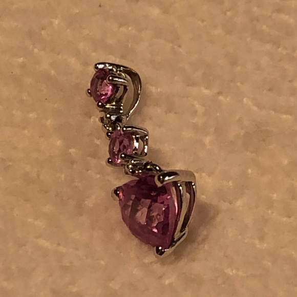 Pink Sapphire Triple Stone Heart Drop Pendant 10K - Picture 6 of 11